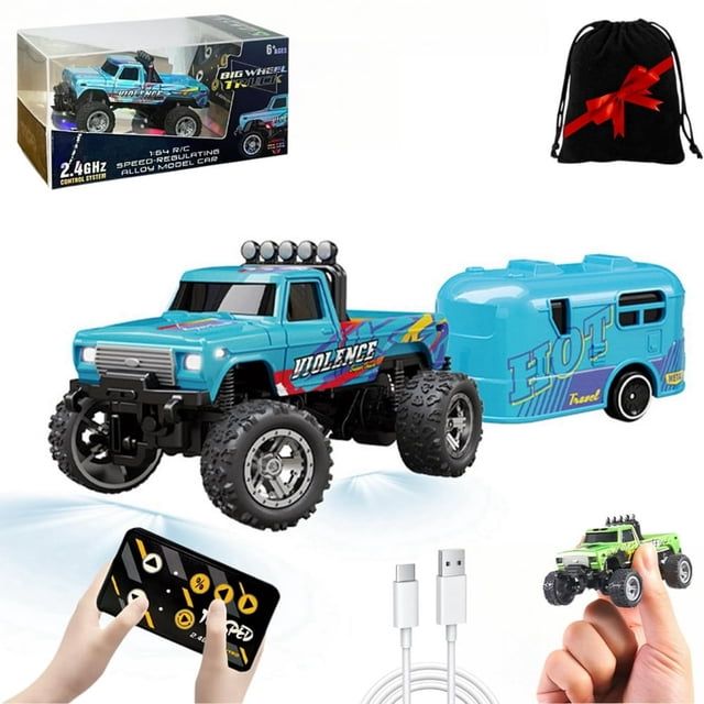 Mini Rc Monster Truck 1/64 Scale Monster Truck with Lights 2.4Ghz Remote Control Car Rechargeable Mini Monster Truck Rc Alloy Rc Semi Truck for Kids Gifts Speed Adjustable