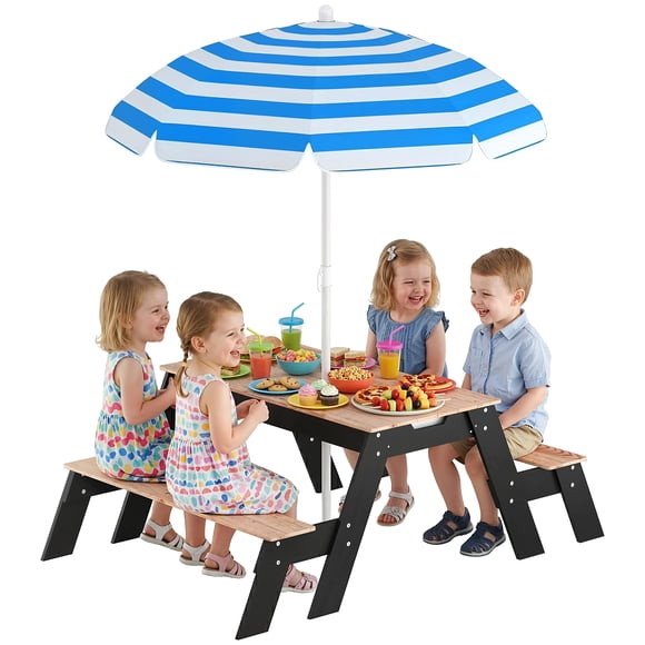 Qaba Table de Pique-Nique pour Enfants avec Parasol, Table 3 en 1 en Bois pour Sable et Eau