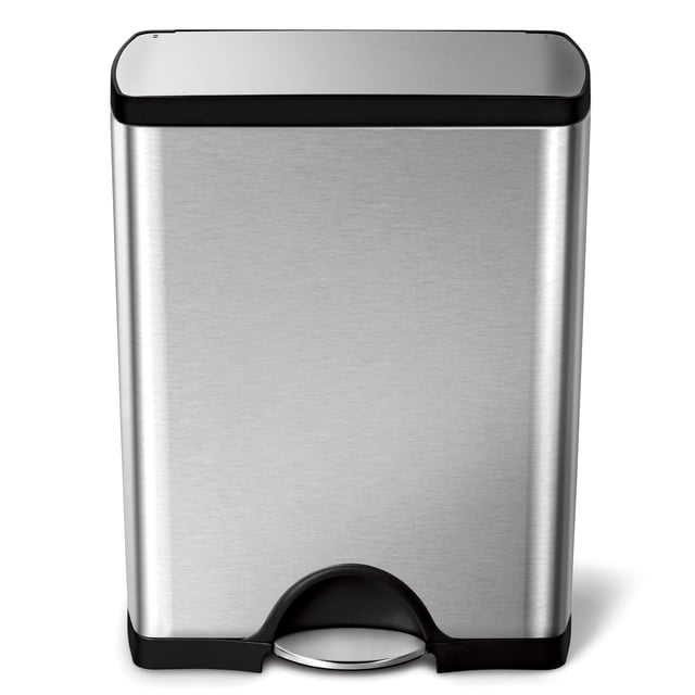 Simplehuman 50 Liter / 13 Gallon Rectangular Step Trash Can in stainless steel with a brushed finish. Features a strong steel pedal, silent close lid with patented Lid Shox technology, and an internal hinge for placement against walls. Includes a removable inner bucket, non-skid base, built-in wheels, and a fingerprint-proof surface. Designed for use with custom Code Q liners for a secure fit.