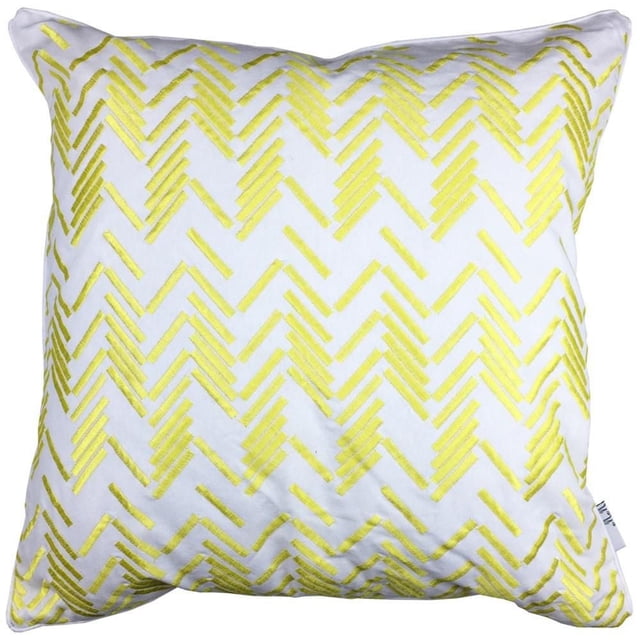 Homeport Icon Decorative Pillow featuring a white square throw pillow with a yellow geometric zigzag pattern, removable cover, and polyester fill, ideal for modern couch or sofa décor and suitable for accent seating areas.