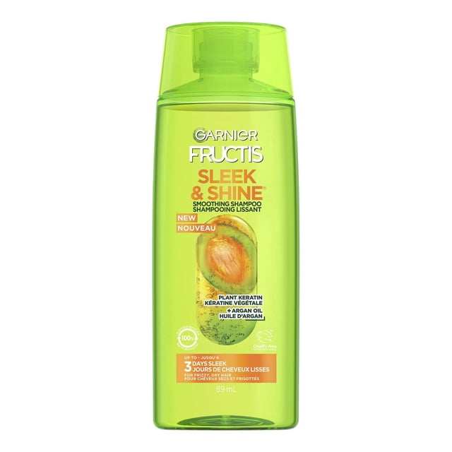 Garnier Fructis Shampooing Fortifiant Sleek & Shine en Bouteille Translucide Vert lime 89 ml avec Bouchon à Rabat, Enrichi de Kératine Végétale et d'Huile d'Argan pour Revitaliser en Profondeur et Contrôler les Frisottis, Offrant jusqu'à 3 Jours de Cheveux Épurés Même sous Haute Humidité.