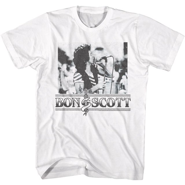 Bon Scott T-Shirt Blanc pour Adulte AC/DC Chantant avec Microphone