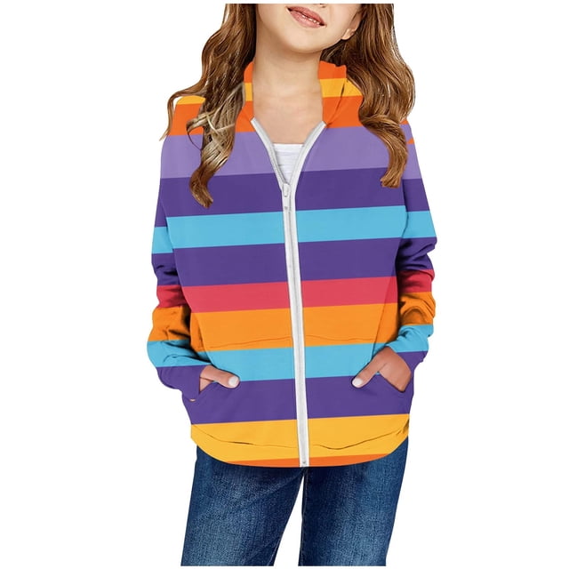 MEZZALL Girls Spring Color Block Print Patch Pocket Zipper Sweatshirt Hooded Cardigan Jacket Leisure Toddler Dailywear, Purple, 2-3 Years