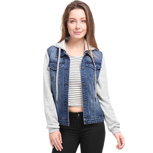 INSPIRE CHIC Women's Layered Drawstring Hood Denim Jacket with Pockets