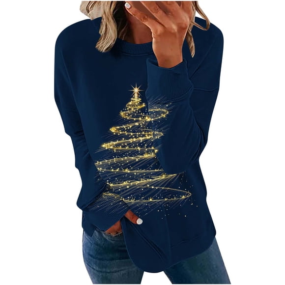 HAiming Womens Tops Christmas Long Sleeve Crew Neck Xmas Graphic Pullover Shirt Fall Winter Trendy Clothes