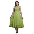 thumbnail image 1 of Bimba Robe Anarkali Vert Pâle à Feuilles, Col Mandarin, Sans Manches, Kurtis pour Femmes, Imprimé, Robe Maxi, Petit, 1 of 6