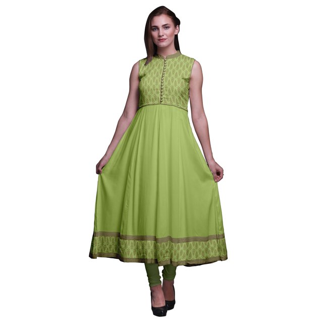 Bimba Robe Anarkali Vert Pâle à Feuilles, Col Mandarin, Sans Manches, Kurtis pour Femmes, Imprimé, Robe Maxi, Petit