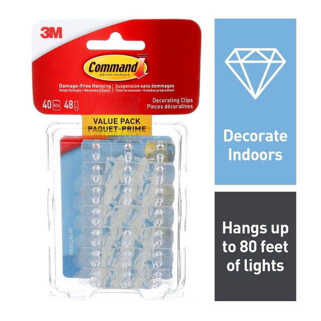 Command™ Decorating Clips Value pack with 40 clear clips and 48 adhesive strips in red and clear packaging, designed for damage-free hanging on multiple surfaces, ideal for indoor decoration and hanging up to 80 feet of lights.