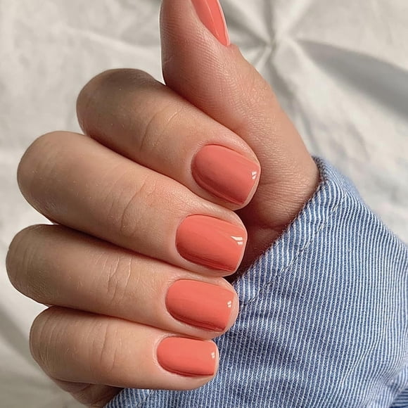 GHSDFBB Ongles Autocollants Orange Courts Carrés, Faux Ongles Courts à Coller, Ongles Carrés Courts à Presser, Faux Ongles à Presser, Ongles à Coller Courts Autocollants pour Femmes et Filles 24 Pcs