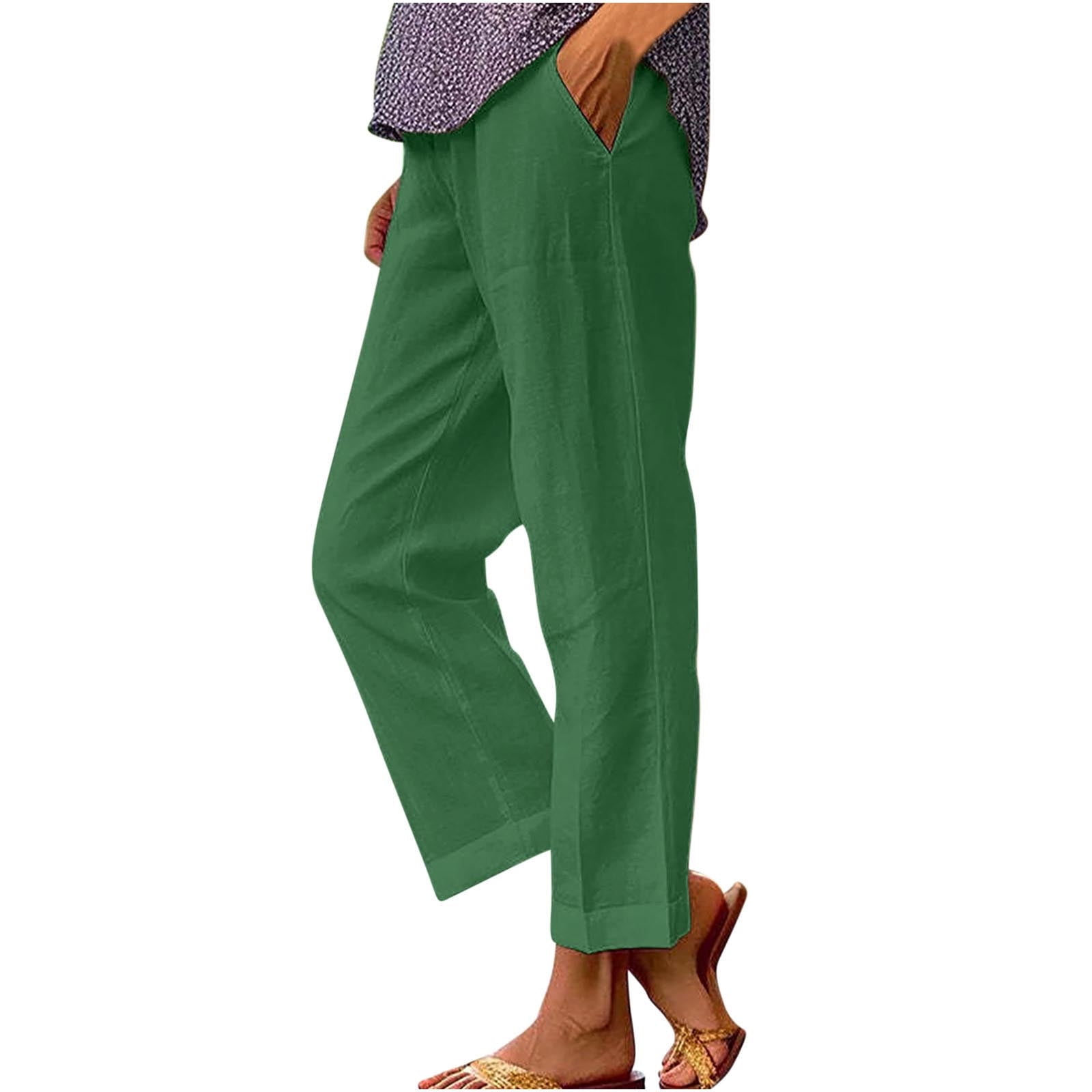 Dealovy Plus Size Pants for Women Cotton Linen Elastic Waisted Casual Summer Beach Trousers with Pockets