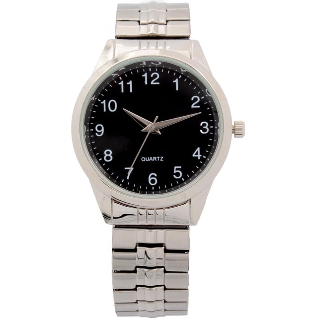 George Men's Silver Tone Expansion Watch with 35mm stainless steel case, black dial with full white numbers, silver-tone hour, minute, and second hands, and a stainless steel expansion band with satin and polished finish, featuring quartz accuracy movement and a comfortable fit.