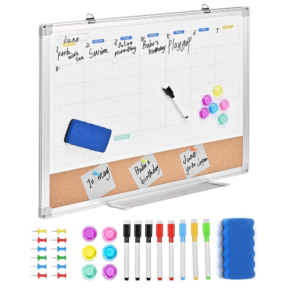 Magnetic Monthly Calendar Whiteboard & Cork Combo, 24" x 18" Dry Erase White Board and Cork Bulletin Board Message Board for Wall, Aluminum Frame
