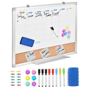 Calendrier mensuel magnétique Tableau blanc & Combo de liège, 24" x 18" Tableau de message de tableau blanc et de tableau de bord pour mur, cadre en aluminium