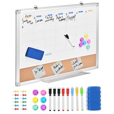 Magnetic Monthly Calendar Whiteboard & Cork Combo, 24" x 18" Dry Erase White Board and Cork Bulletin Board Message Board for Wall, Aluminum Frame