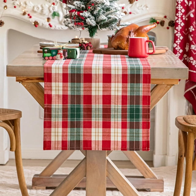 Plaid Christmas Table Runner, Winter Holiday Snowflake Table Runners, Xmas Decorations Indoor Outdoor Farmhouse Home Kitchen Dining Party Decor