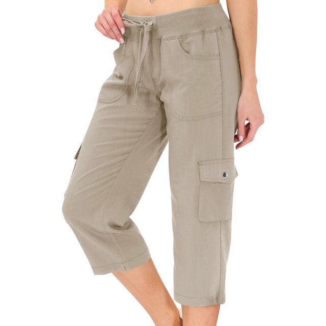 Mohiass Pantalon Capri Cargo pour Femme Randonnée Léger Séchage Rapide Été Extérieur Décontracté Voyage avec Poches Kaki P