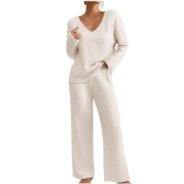 yoeyez Ensemble de Pyjama pour Femme Deux Pièces Tricot Côtelé Confortable Ensemble de Détente à Manches Longues Ensemble de Pyjama Assorti 2 Pcs avec Poches Pantalon Long Douce Tenue de Nuit Beige m