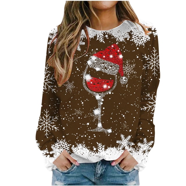 Besolor Chandail à Col Rond de Noël pour Femmes, Imprimé de Verre de Vin, Manches Longues, Chandails Mode, Hauts Graphiques Flocon de Neige
