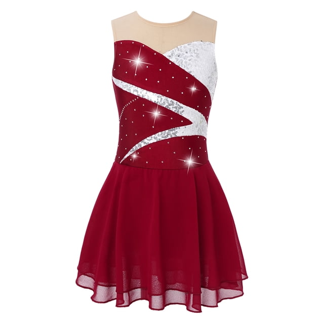 Yartina Robe de Patinage Artistique pour Filles Sans Manches avec Strass Brillants Costume de Danse Ballet Rouge 6