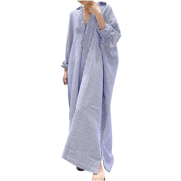RKSTN Long Sleeve Dress for Women Fall Fashion Cotton stripe Lapel Collar Dress loose Irregular V Neck Cardigan Maxi Dress
