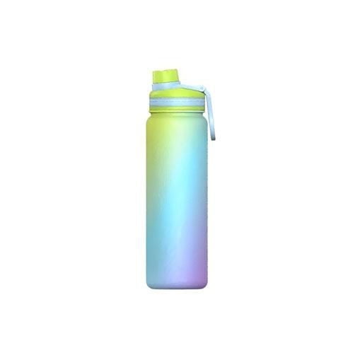 Mainstays 24oz Double Wall Vacuum Insulated Sport Bottle with pastel gradient finish and lime green lid and handle, stainless steel construction with spill-proof spout, designed to keep drinks hot or cold and ideal as a child-friendly water bottle.