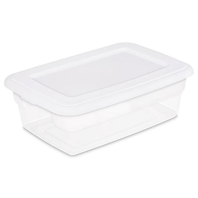 Sterilite 11.4 L Storage Box, Clear Plastic Storage Bin with Snap-on Lid, White clear 11.4 L rectangular plastic bin with recessed snap-on white lid and transparent base for viewing contents, stackable to maximize vertical storage; exterior dims 42.9 cm x 29.2 cm x 15 cm. Made in Canada, BPA- and phthalate-free; also suitable for organizing craft supplies or seasonal décor.