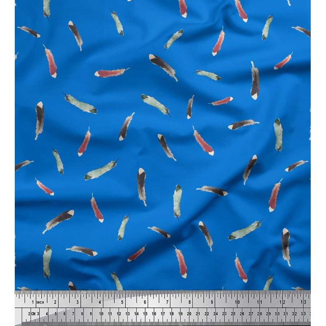 Soimoi Silk Fabric Colorful Feather Print Fabric by The Yard 42 Inch Wide