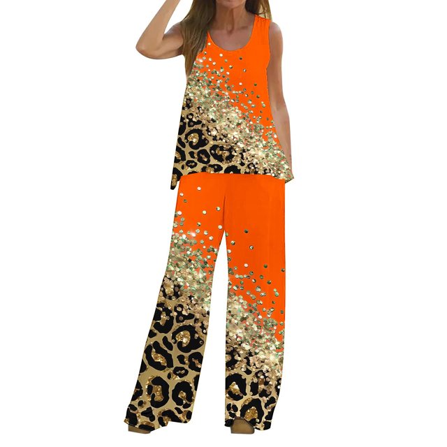 Mikilon Ensemble Stylé pour Femme 2 Pcs Décontracté Ample Débardeur Imprimé Pantalon Long Sans Manches Col Rond Haut/chemise Ensemble Orange-A TG