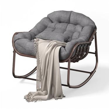 Outdoor Rocking Chair - Oversized Grey Papasan Egg Chair for Patio/Garden/Bedroom | Comfy Wicker Rocker