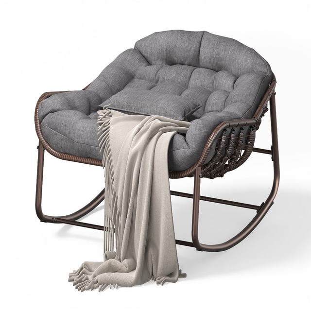 Outdoor Rocking Chair - Oversized Grey Papasan Egg Chair for Patio/Garden/Bedroom | Comfy Wicker Rocker