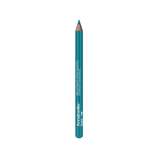 Annabelle Crayon Kohl Mat, 100 Bleu Caraïbe - Gros Plan d'Un Crayon Kohl Mince Orienté vers l'Avant avec une Pointe Bleu Caraïbe Saturée et un Baril Étiqueté; Crayon Kohl Mat pour des Lignes Précises, une Couleur intense et une Tenue Longue Durée, Souvent Utilisé pour le Sertissage Ou des accents de Doublure Graphique.