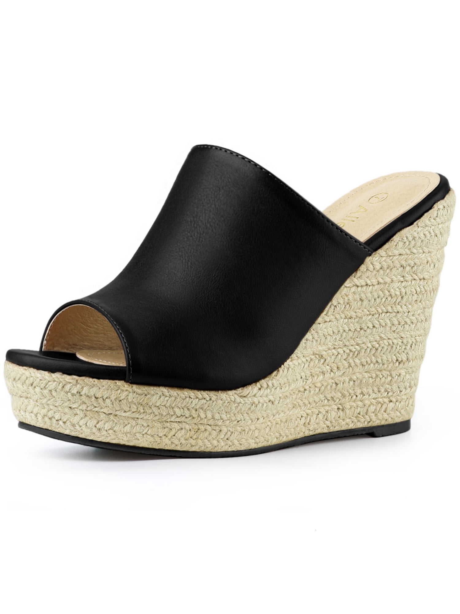 BLISSFUL STEP Chaussures pour Femmes Talon Compensé Bout Ouvert Espadrilles Mules à Plateforme Noir 6