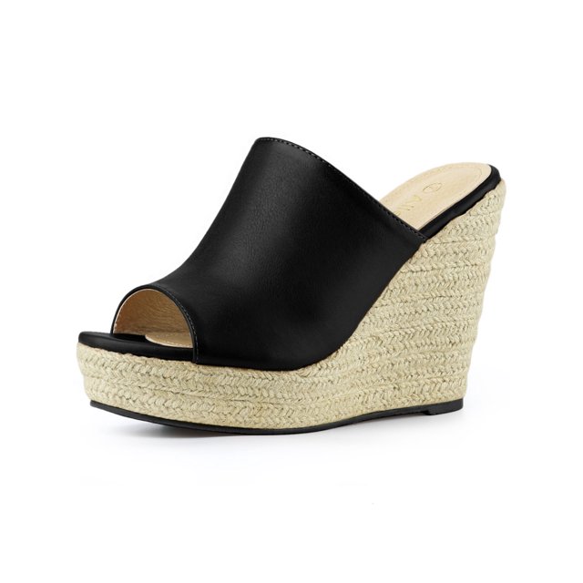BLISSFUL STEP Chaussures pour Femmes Talon Compensé Bout Ouvert Espadrilles Mules à Plateforme Noir 7