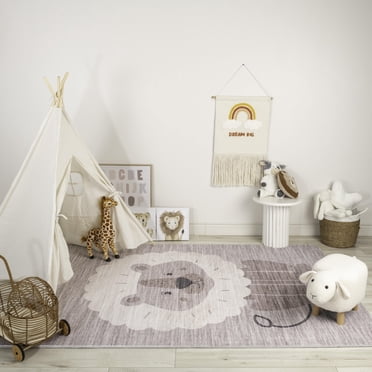 Rug Branch Soft Steps Playtime Lion, Cartoon Animals Soft Area Rug, Neutral Beige Grey - Boys & Girls in Playroom, Nursery, Bedroom