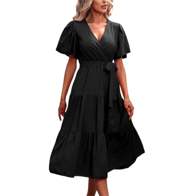 B91xZ Robe T-Shirt d'Été Printemps Été pour Femmes Plage à Fleurs, Robe Débardeur Décontractée Ample à Manches Courtes avec Poches, Noir TTG