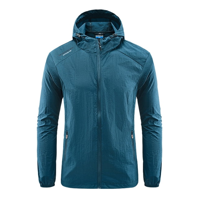 TIMIFIS Mens Jacket Waterproof with Hooded Hiking Coat Lightweight Windbreaker Zip Jacket Sun Protection Work Coat Windbreaker for Hiking Travel-Light BlueFall