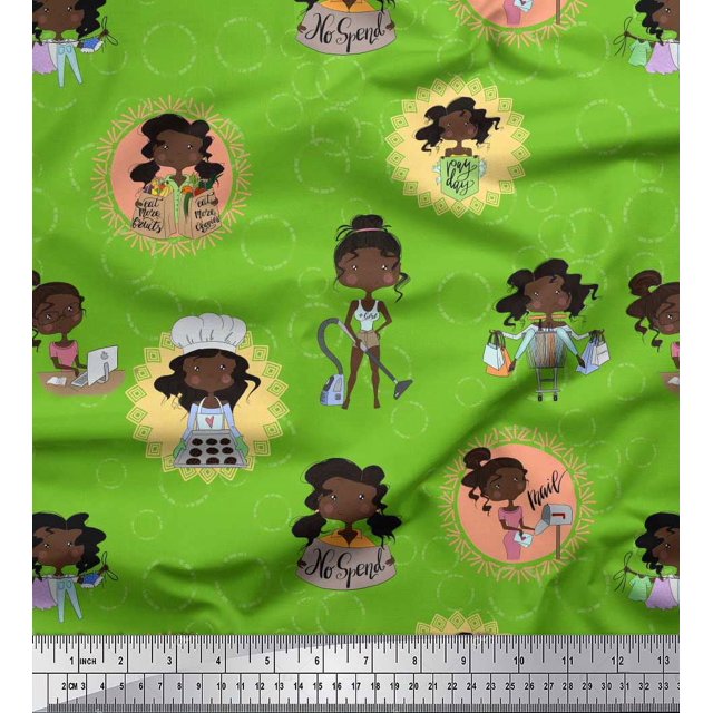 Soimoi Green Poly Georgette Fabric Circle,Cook & Working Girl Printed Craft Fabric by the Yard 42 Inch Wide