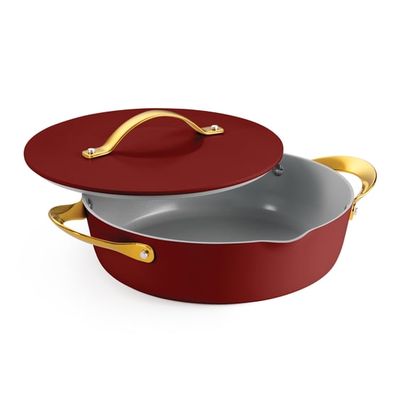 Tramontina Fiora 4.25-Quart Aluminum Ceramic Nonstick Multipurpose Pan with Lid, Induction-Ready, ILAG Swiss Coating, Oven & Dishwasher Safe - Merlot