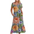 thumbnail image 1 of Pisexur Robes d'Été de Plage pour Femmes Décontractées à Fleurs à Manches Courtes Boho Robe Maxi à Fleurs Col Ras du Cou Smockée à Étages Fluide Longues Robes, 1 of 3