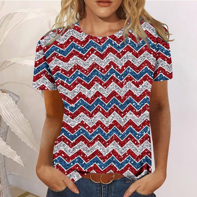 Blouse d'Été Grande Taille à Manches Courtes pour Femmes, T-Shirts d'Été Décontractés à Col Rond à Manches Courtes, Imprimé Drapeau, Coupe Ajustée, Hauts Basiques, Tees, Blouses, T-Shirt à Col en V pour Femmes en Liquidation