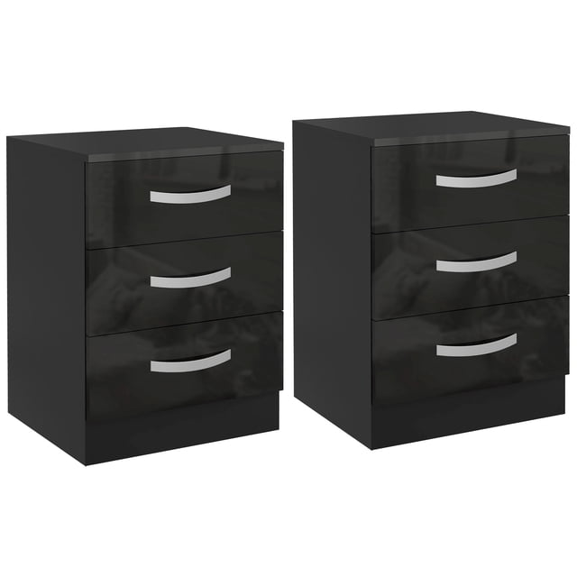 HOMCOM Ensemble de 2 tables de Chevet, tables de Chevet Noires avec Trois Tiroirs à Fini Très Lustré Chacune, Offrant un Meuble de Rangement Moderne pour Chambres Ou Salons. Fabriquées en Panneau de Particules, Ces tables de Chevet Décoratives Mesurent 15,7 Pouces de Large, 14,2 Pouces de Profondeur et 22 Pouces de Hauteur, avec un Grand Espace pour le Rangement et l'Exposition.
