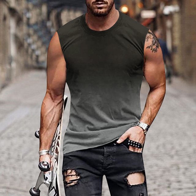 DPTALR Débardeur Sans Manches Dégradé pour Hommes Imprimé Non Positionné Col Rond T-shirt Sans Manches Décontracté Sport