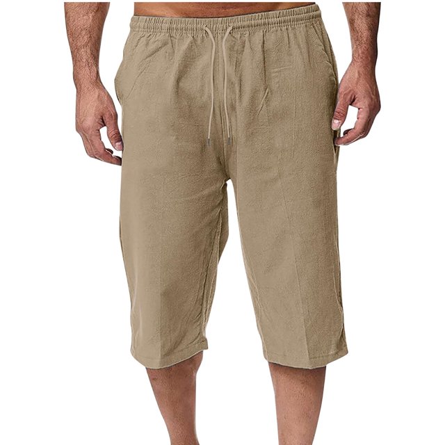 EOYWHK Mens Linen Capri Pants Summer Loose Fit Lightweight Sleep Shorts Elastic Waist Drawstring with Pockets