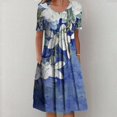 thumbnail image 5 of QJUHUNG Midi pour Femmes Été Décontracté Ample Bohème à Imprimé Floral Col Ras du Cou Manches Courtes Longueur Genou Robe Froncée avec Poches, 5 of 5