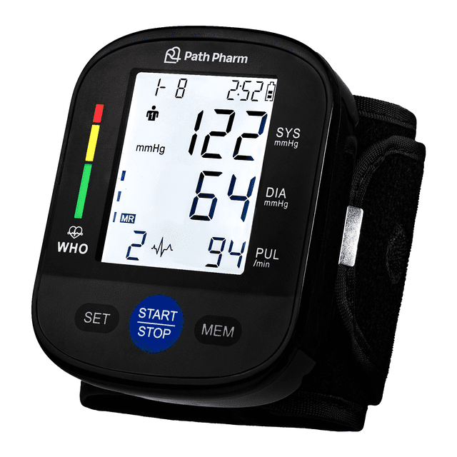 Path Pharm Wrist Blood Pressure Monitor for Home Use featuring a black casing with a white backlit LCD display showing systolic, diastolic, and pulse readings. Includes adjustable wrist cuff, memory buttons, and a start/stop button for easy operation. Compact and lightweight design with dual power supply for portability and convenience.