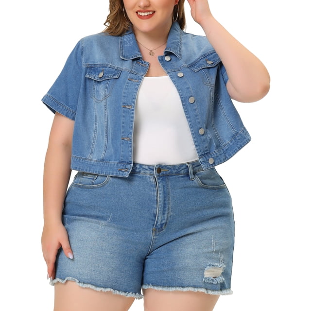 Agnes Orinda Women's Plus Size Denim Jacket Short Sleeves Button Down Cropped Jean Jackets 2X Light Blue