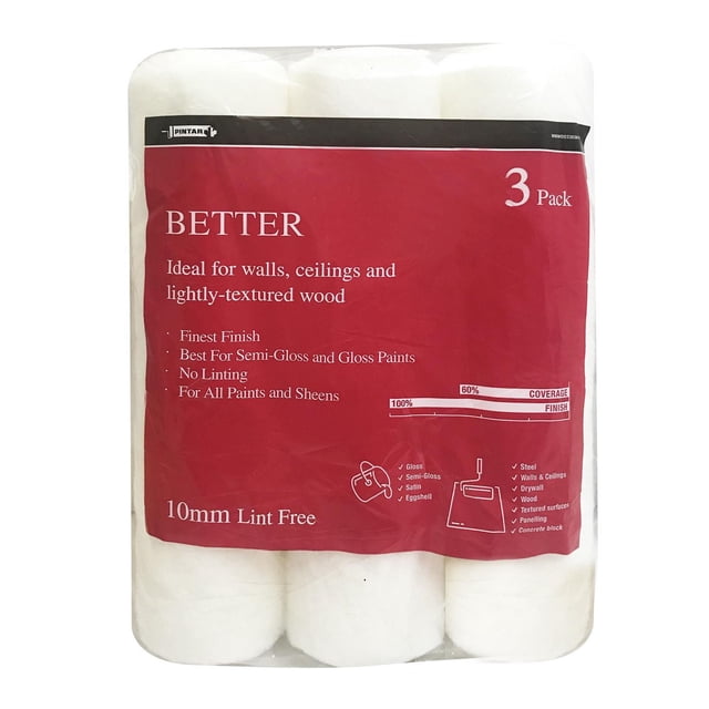 Pintar 10 mm Better Rollers 3 pack with lint-free white fabric rollers featuring 10 mm pile height, ideal for walls, ceilings, and lightly textured wood, designed for smooth finishes with semi-gloss and gloss paints, suitable for drywall and textured surfaces.
