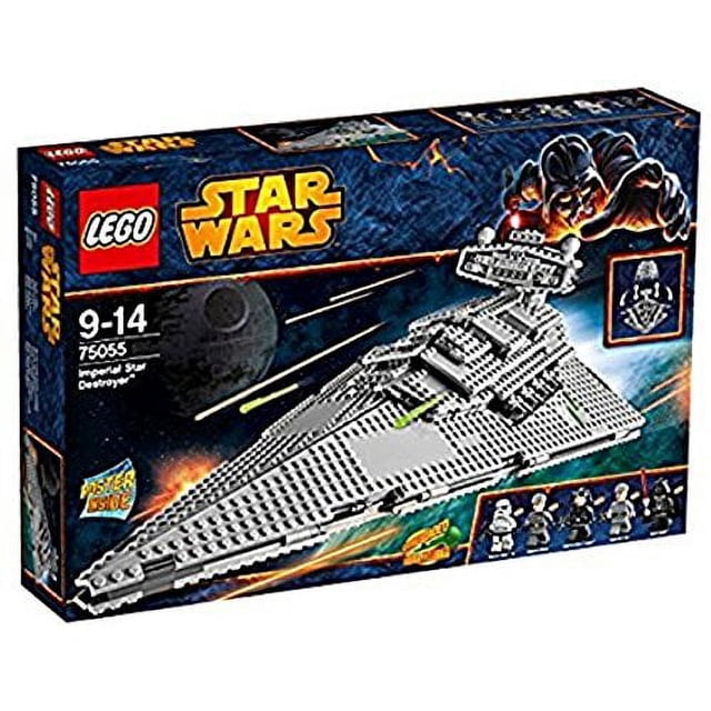 LEGO Star Wars Destroyer d'Étoiles Impérial pour Enfants / 75055 Destroyer d'Étoiles de Classe Impériale Assemblé sur Fond Neutre, Vue aux Trois Quarts. Comprend Darth Vader, Officier Impérial, 2 Stormtroopers, Équipe Impériale, Empereur Palpatine, Droïde Souris. Caractéristiques de Jeu : Poignée de Levage, Dessus Amovible, 2 Moteurs Bleus et un Intérieur Détaillé avec Hologramme Empereur Palpatine Rotatif, Chaises Rotatives, Support d'Armes