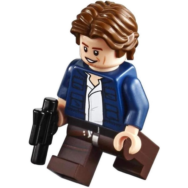 LEGO Parts: Star Wars Han Solo Minifig with Blaster from UCS Slave 1. The minifigure is approximately 5 cm tall, featuring a blue jacket, white shirt, and brown pants. It includes a black blaster accessory and is compatible with standard LEGO sets.