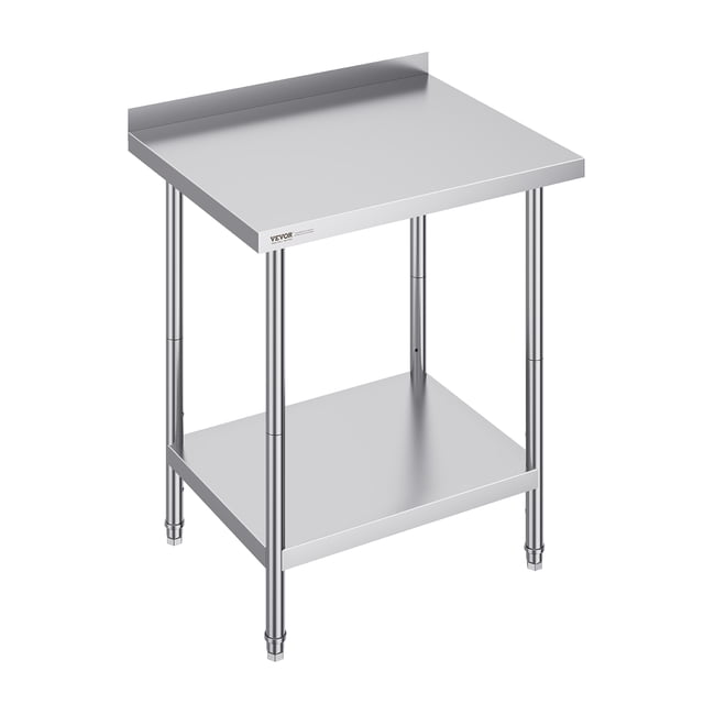 VEVOR Table de Travail en Acier Inoxydable Table de Travail Commerciale pour Cuisine Préparation d'Aliments 24"x30 Pouces avec Plateau en Acier Inoxydable SUS201, Tablette Inférieure Ajustable et Pieds Robustes. Comprend un Dosseret de 2 Pouces pour la Sécurité et la certification NSF pour les Normes de Santé Publique. Convient aux Meubles de restaurant, aux Cuisines et aux Ateliers.